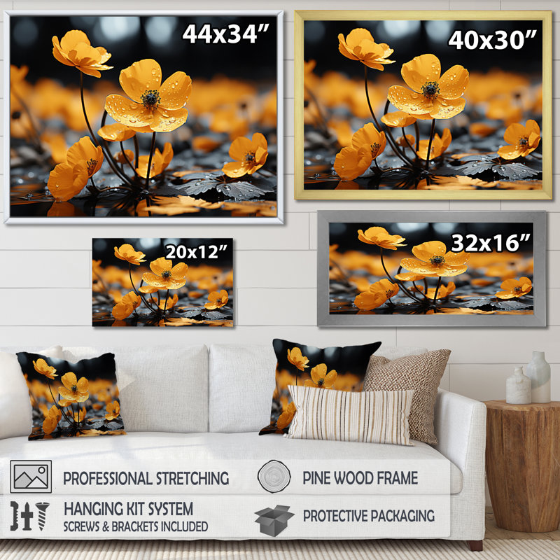 Yellow Grey Golden Buttercups Black And White III - Floral Canvas Art Print, H 16 po x l 32 po x P 1 po, Argent
