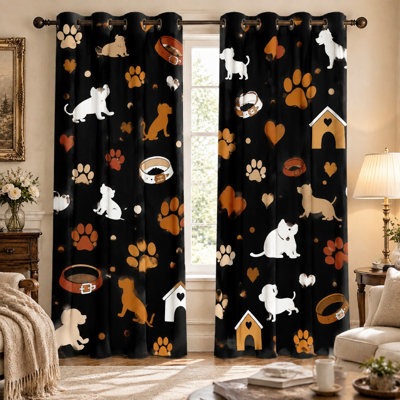 2Pcs Cute Dog and Paw Print Sun Blocking Curtains, Fun Cartoon Pet Pattern, Durable Ring Top for Kid's Room Decoration for Home Dector