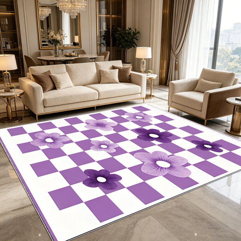 1PC Purple Checkerboard Floral Print area rugs for Living Room, Soft, All seasons, Easy-maintain, Washable Indoor mat, Farmhouse suitable for dining room, bedroom, kitchen, entryway, home office, balcony, Home Decor, Outdoor Decor.