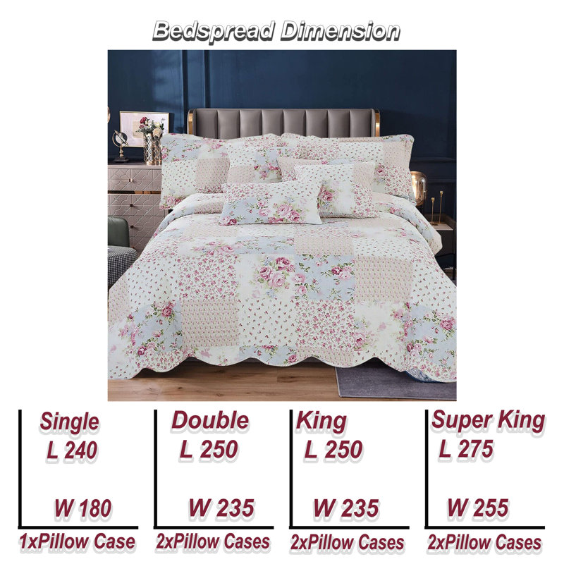 Printed Bedspread Set Floral Pattern with Matching Pillow Shams, Soft Microfiber Coverlet, Lightweight & All-Season Bedding