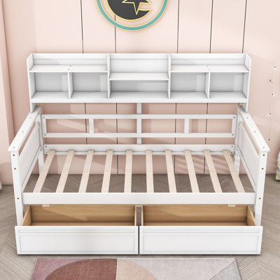 Nadirah 2 Drawers Wood Slat Support Daybed with Shelves