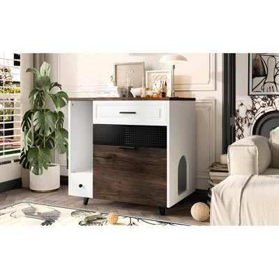 Cat Litter Box Enclosure, White And Brown Multifunctional Side Table For Cats, 2 Drawers Storing Essentials, Grooved Grille At Entrance Paw Protection