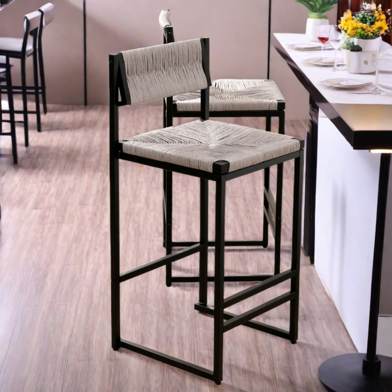 Sansoucy Of 2 Bar Stools Paper Rope Weave Dining Chairs And Metal Frame, Gray