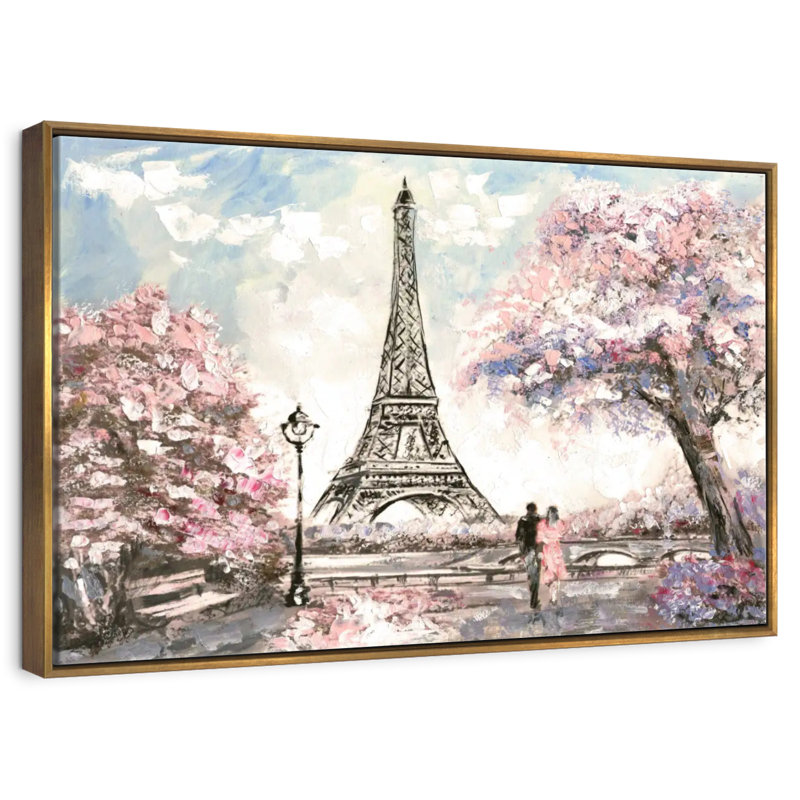 Les amoureux du printemps à Paris, Cadre flottant doré, 37 po x 25 po