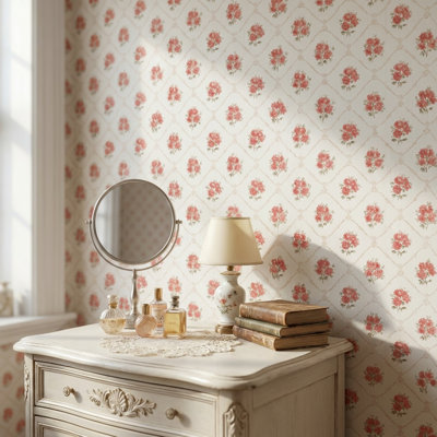 Papier peint floral rétro damas rouge