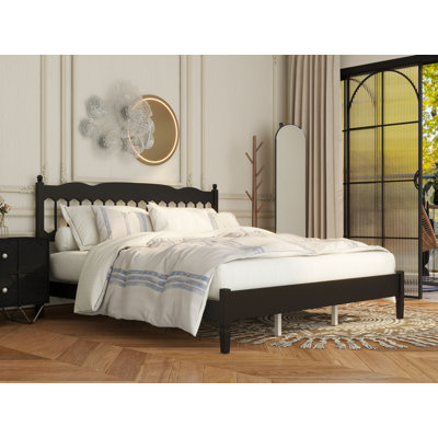 Structure de lit en bois très grand de style campagne avec tête de lit à broche, lit plateforme robuste avec support de lattes, aucun sommier requis, assemblage facile, noir