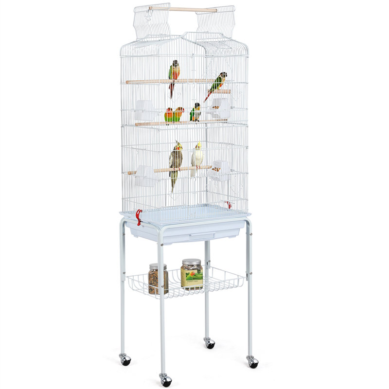 Color 35cm Steel Play Top Floor Bird Cage with Wheels, White 
