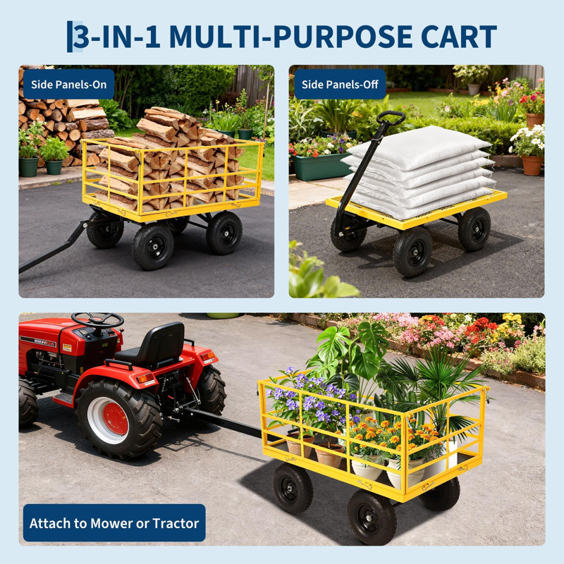 Chariot utilitaire tout-terrain pliable robuste 4-en-1 de 1500 lb pour le transport de pelouse, de jardin et de ferme, Noir
