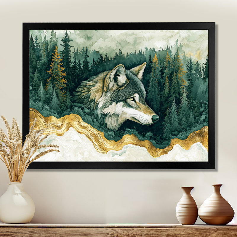 Loup en hiver, forêt, rivière à encre I - Art mural loup pour le salon, H 12 po x l 20 po, Noir