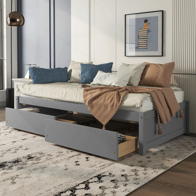 Twin Bed With 2 Drawers, Solid Wood, No Box Spring Needed ,Grey