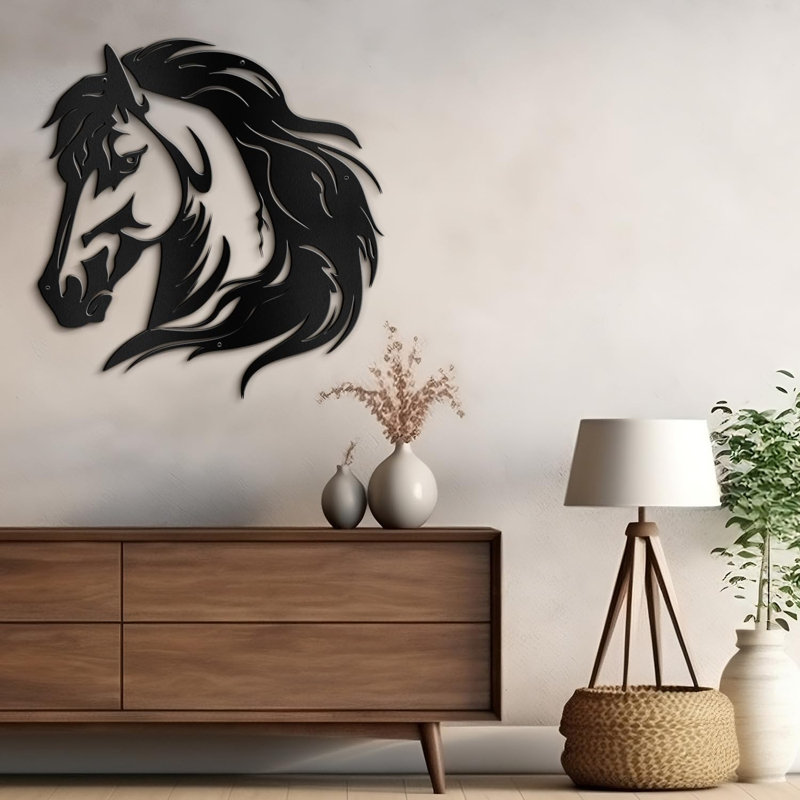 Cheval animaux, sculpture murale abstraite moderne minimaliste, décoration murale en métal noir, Noir