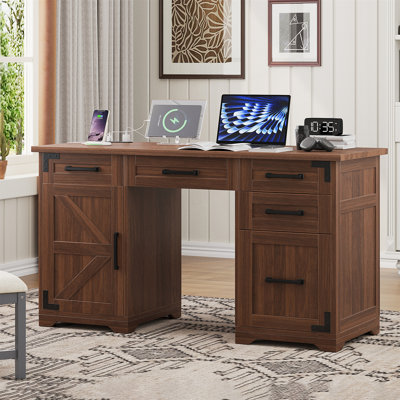 Farmhouse Executive Desk with Built-in Charging Station, Storage Cabinet and File Drawer