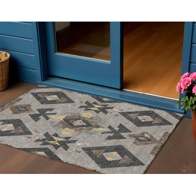 Tapis intérieur/extérieur lavable, 90 x 150 cm, taupe, anthracite et blé, à motifs aztèques.