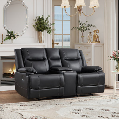 Rehana Luxury 74'' Wide Genuine Leather Reclining Loveseat with Cup Holders & Storage Console