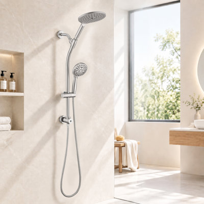 Pomme de douche double avec douche à main, pluie de 7,5 pouces et poche à 10 modes, barre coulissante réglable, nettoyage par jet à haute pression, tuyau en acier inoxydable de 5 pi, fixation murale - F00539