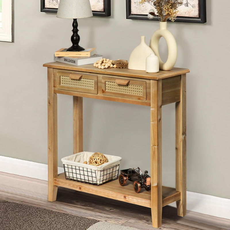 Farmhouse Console Table With 2 Rattan Drawers, 33" Long Narrow Boho Foyer Sofa Tables With Open Storage Shelves For Entryway, Hallway, Living Room, Natural