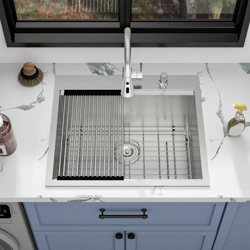 Évier de cuisine à cuve simple en acier inoxydable avec robinet L 25 po x l 22 po x P 12 po