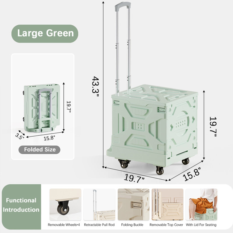 Folding Utility Cart Portable Rolling Handcart Shopping Collapsible With Lid 360°Swivel Wheels For Grocery Office Travel Shop Move Luggage