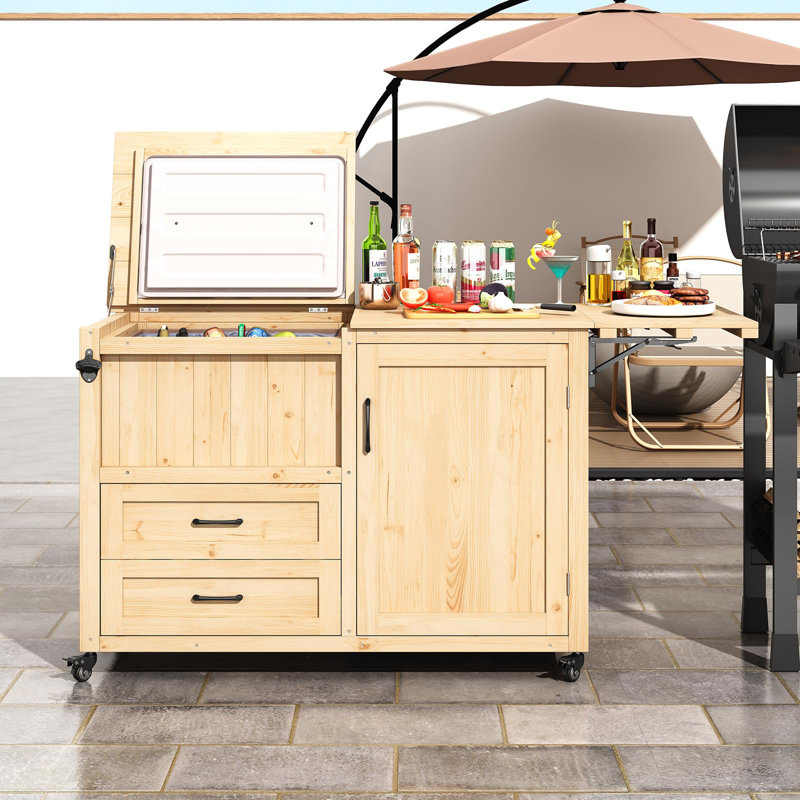 Îlot de cuisine extérieur avec rangement, isolation et roulettes verrouillables, bois massif, idéal pour les grillades dans la cour et les fêtes