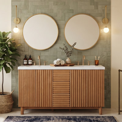59" Modern Double Sink Bathroom Vanity, Solid Wood & MDF Cabinet with Concealed Drawers & SMC Resin Basin (Wood)