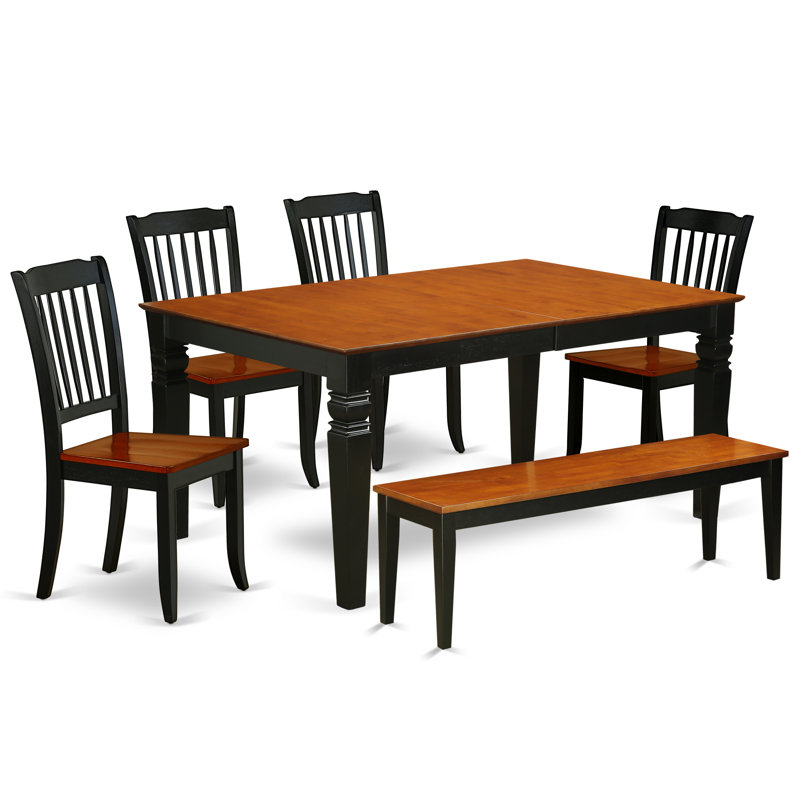 6 Piece Dining Set Contains a Rectangle Dining Room Table with Butterfly Leaf and 4 Kitchen Chairs with a Bench, Black & Cherry
