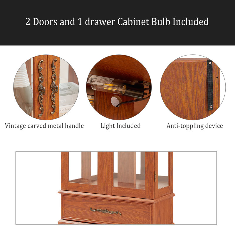 Armoire vitrée avec vitrine éclairée avec tablettes réglables en verre 2 portes et 1 tiroir avec ampoule incluse