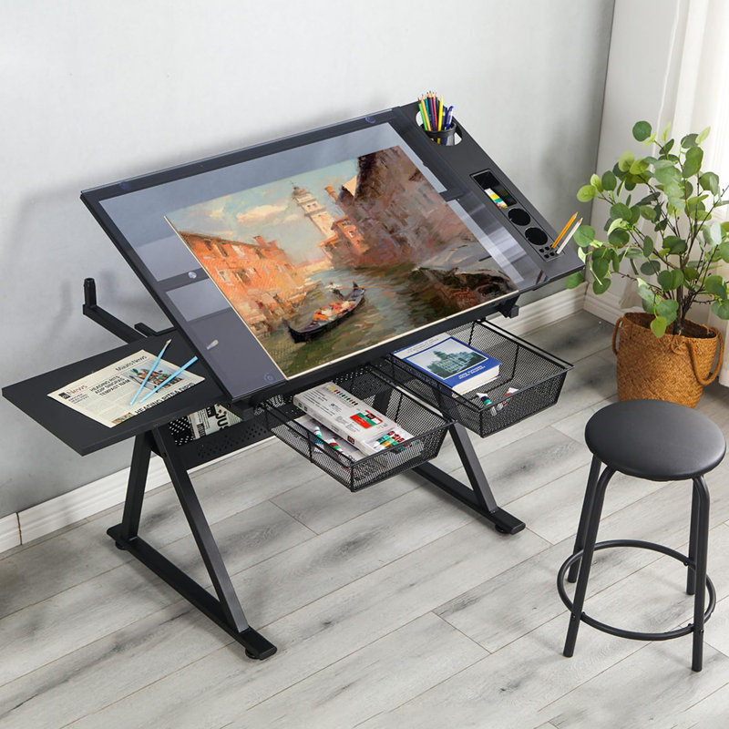 LifeSky Drafting Table Adjustable for Artists - Art Drawing Desk with Storage for Painting Sketching - Glass Top for Painters Illustrators Cartoonists Black