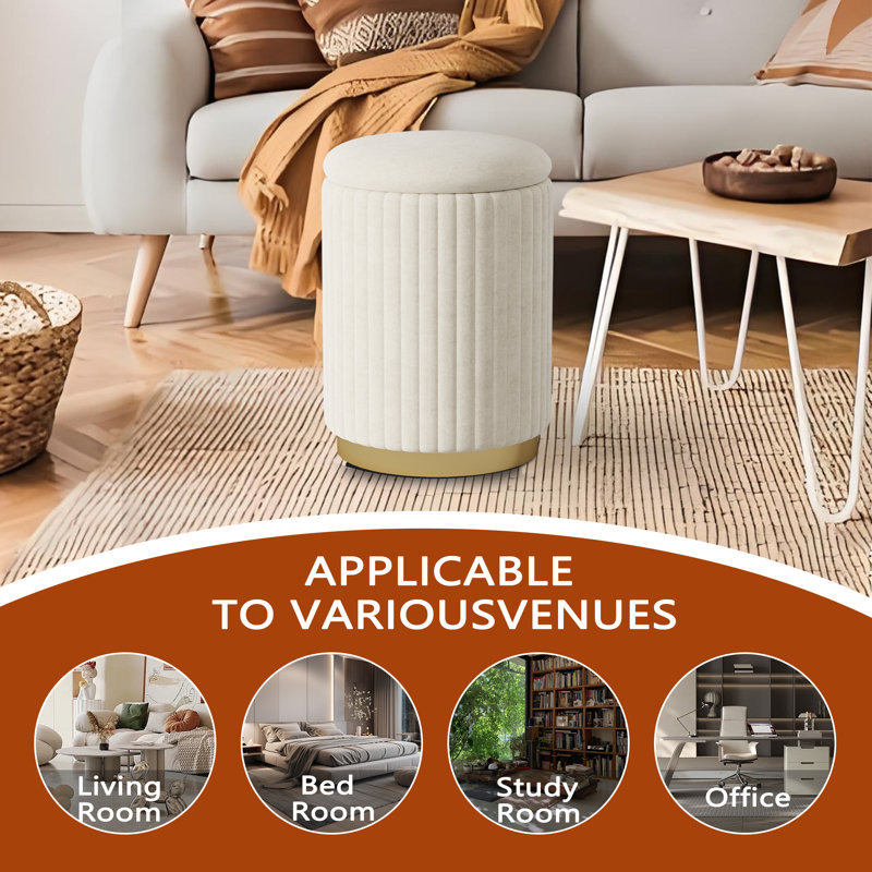 Jaishawn 12.6“ Round Velvet Upholstered Ottoman with Storage, White Fabric