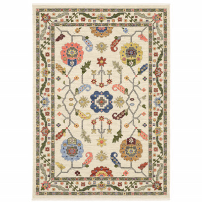 Tapis oriental en laine tissé à la machine en vert / bleu / brun