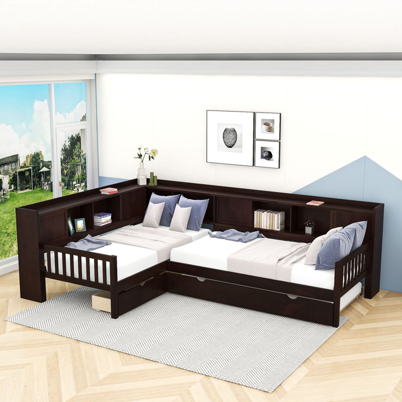 Lit plateforme simple en L avec lit gigogne simple et tiroir de rangement, tablettes, Espresso