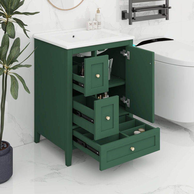 24-Inch Bathroom Vanity With Ceramic Sink, Adjustable Shelf And Storage, Dark Green