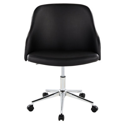 Chaise de bureau contemporaine réglable avec pivot à 360°, piètement à 5 branches en métal, assise rembourrée, revêtement en similicuir noir, structure en bois de noyer, hauteur sous plafond de 43 à 53 cm, profondeur de 42 cm, largeur intérieure de 46 cm, hauteur sous plafond de 36 cm.