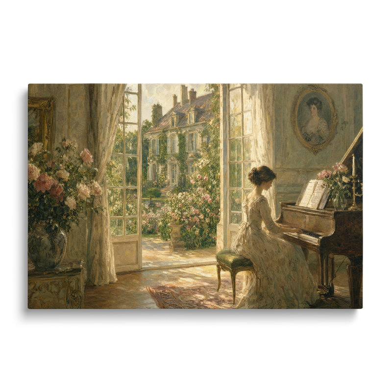 Reproduction sur toile d'une peinture représentant une femme jouant du piano droit - 51 x 76 cm, H 20 po x l 30 po