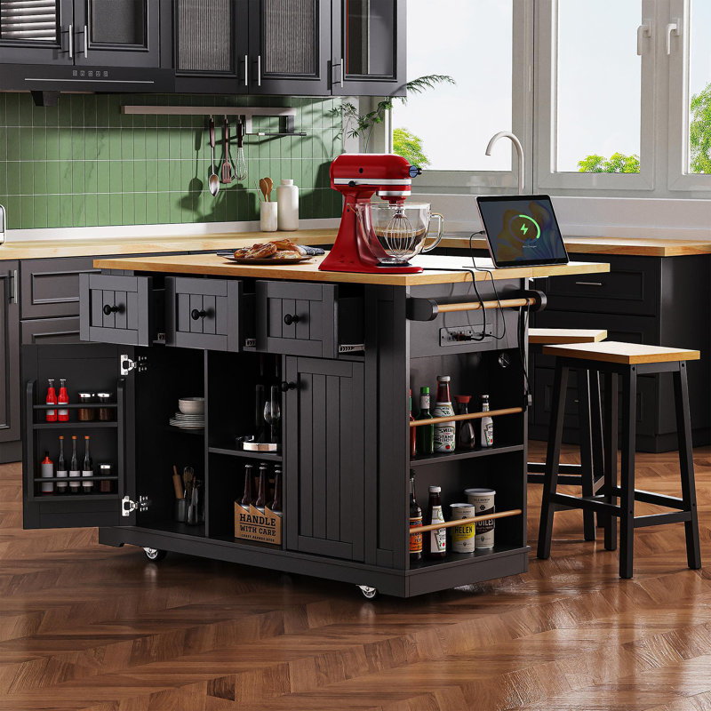 53inch Large Kitchen Island with Drop Leaf,Power Outlet,Door Internal Storage Rack,Rolling Kitchen Cart on 5 Wheels with 5 Open Side Racks for Kitchen,Black(Two Packages)(Stools not included)