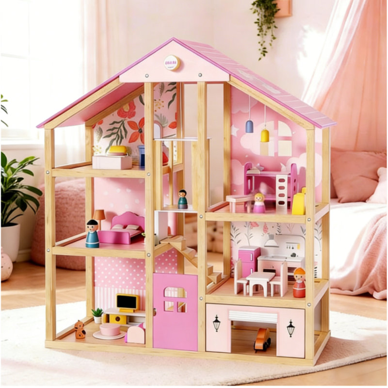 Suteck Wooden Dollhouse, Large Pink Wooden Doll House With 39 Furniture Accessories For Girls