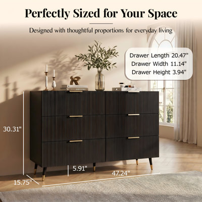 Contemporary 6 Drawer Dresser - Fluted Sideboard With Gold Accents, Spacious Storage Cabinet For Bedroom Living Room