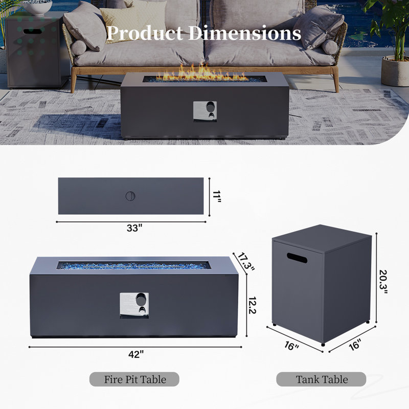 Tashieka 42-Inch Rectangular Iron Propane Outdoor Fire Pit Table with Tank Cover, Lid and Rain Cover, Dark Gray