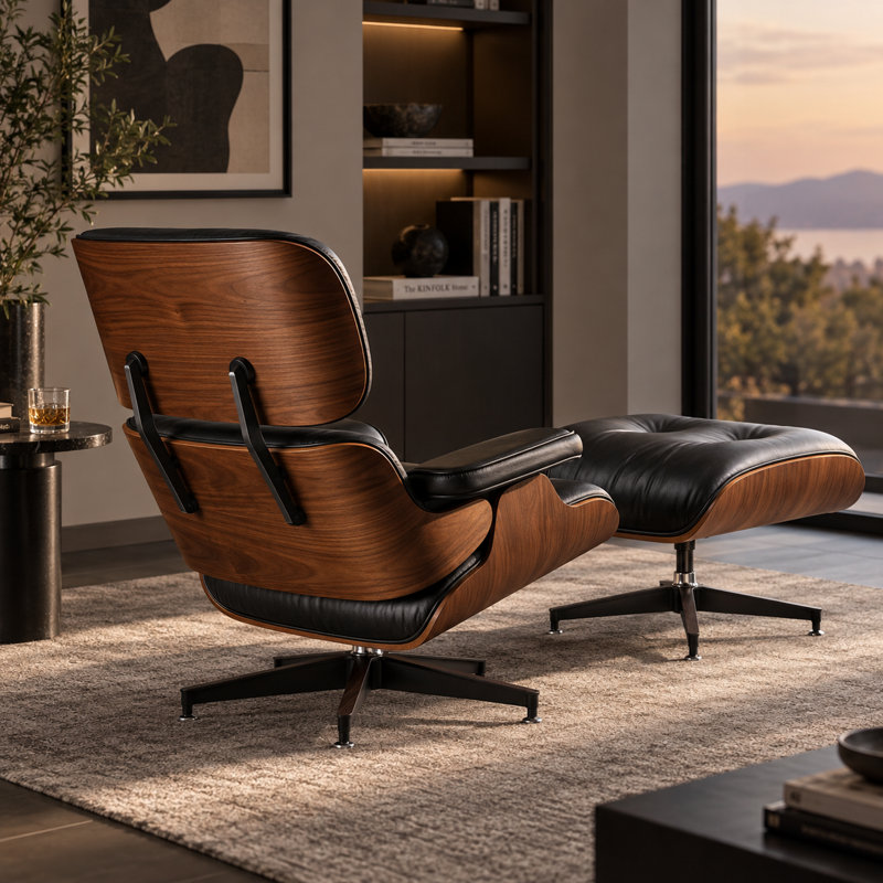 Chaise longue pivotante en cuir Mid-Century avec repose-pieds, coque en bois double face et base en aluminium, Noir/noyer