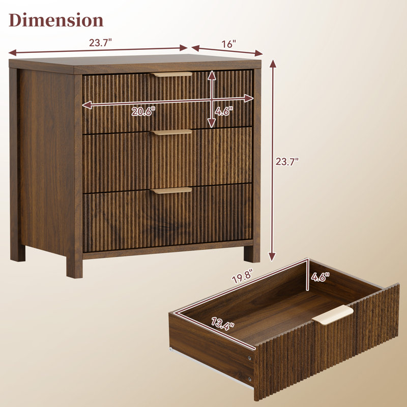 Modern Fluted Bedside Table with 3 Drawers, Walnut, Set of 2