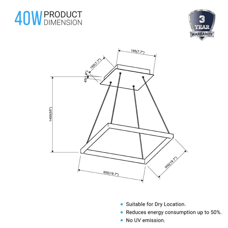 Luminaire suspendu carré à 1 lumière Aekerly, Noir mat