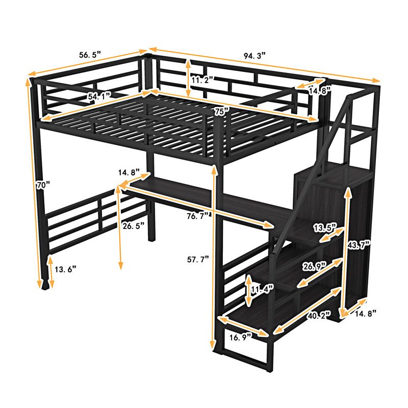 Lit mezzanine en métal avec bureau, Noir