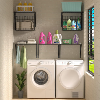 2 Pack Laundry Room Shelves, Wire Baskets with 8 Hooks, Over Washer and Dryer Shelf, Wall Mounted Storage and Clothes Drying Rack, Black