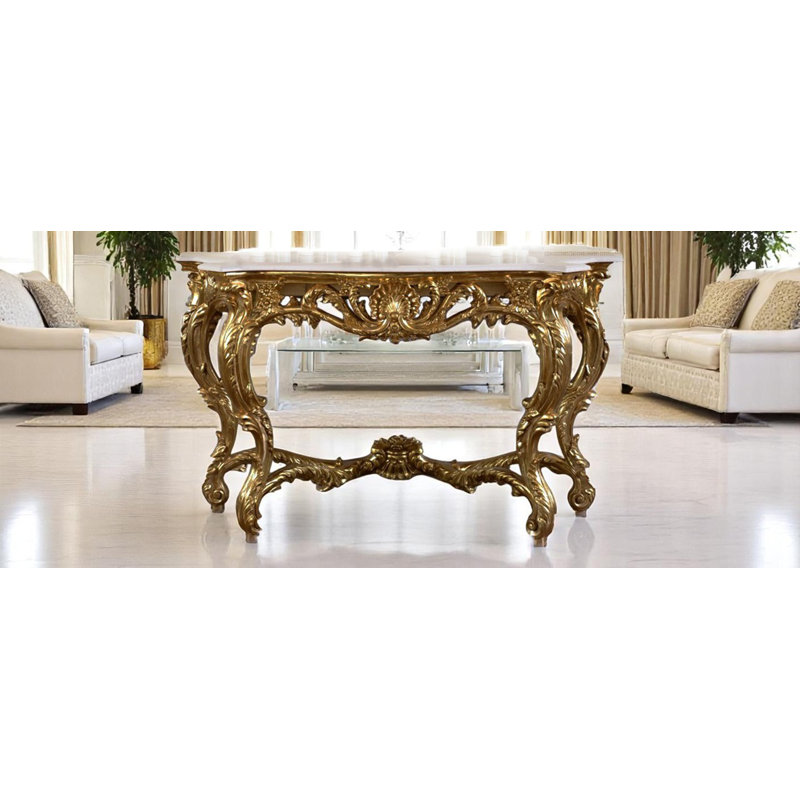 Aurora 60.63'' W Marble Console Table, White/Antique Gold