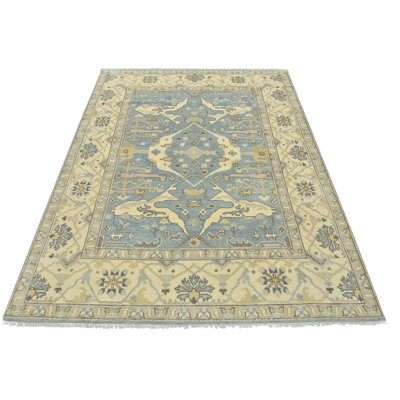 Tapis bleu en laine noué à la main de conception unique 8 pi 2 po x 10 pi