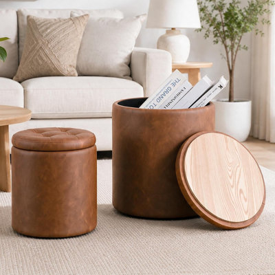 Set of 2 Brown Round Leather Storage Ottomans with Nesting Design, Waterproof Upholstery, Flip-Top Tray Lid, Multipurpose Footstools for Living Room, Bedroom, or Entryway