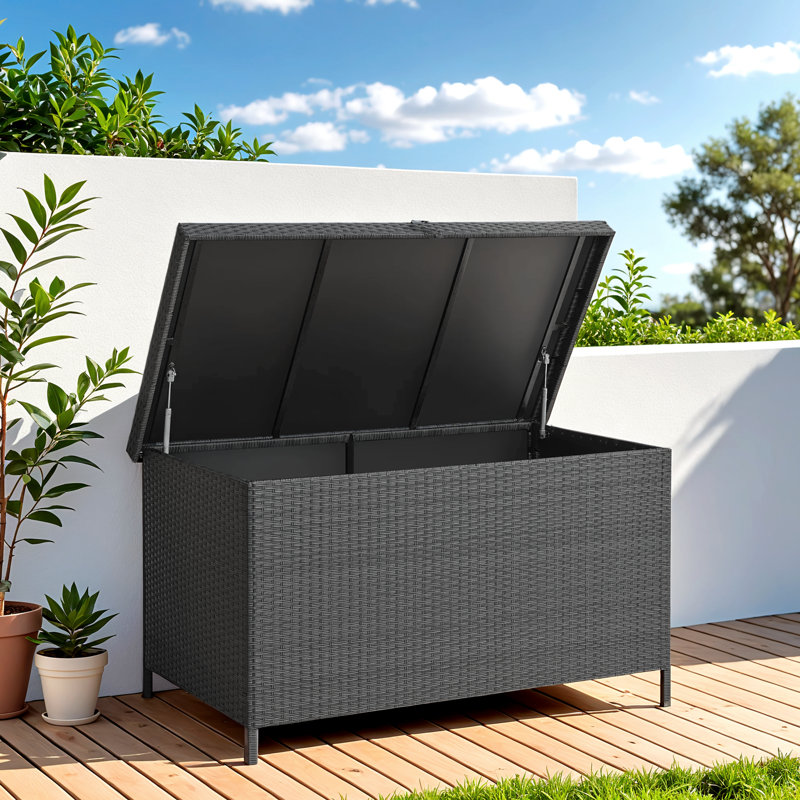158 Gallon Extra Large Waterproof Wicker Deck Box, Outdoor Storage Box, Black