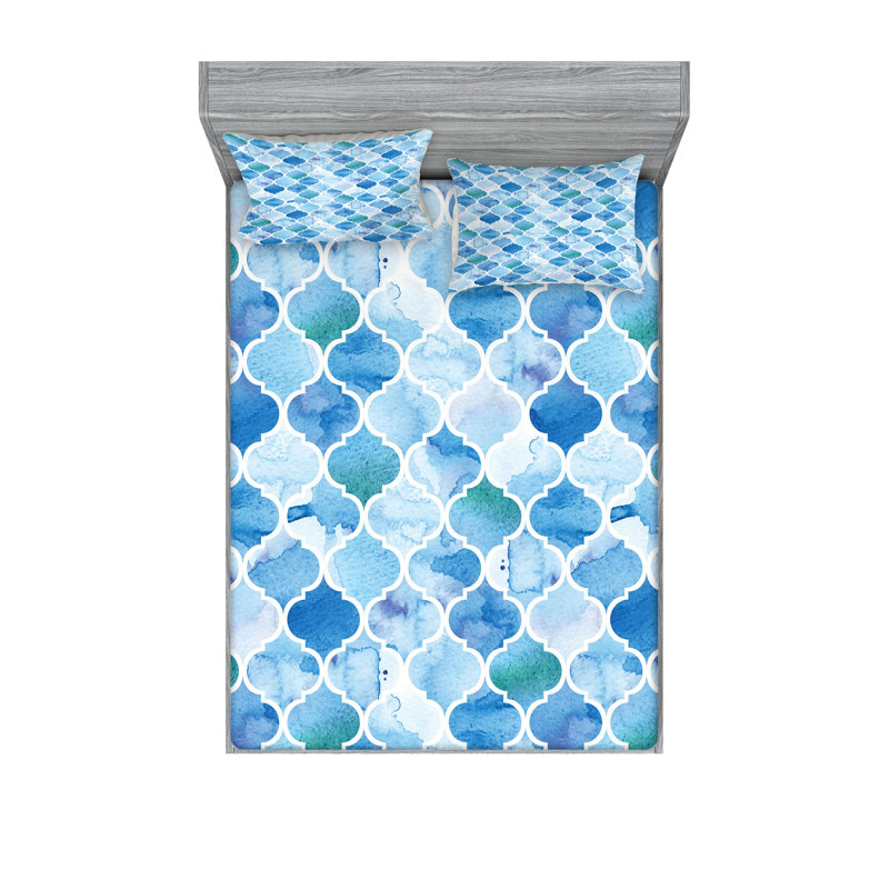 Drap-housse et coussin décoratif marocain Ambesonne, bleu pâle, Ensemble de draps pour grand lit + 5 pièces suppl
