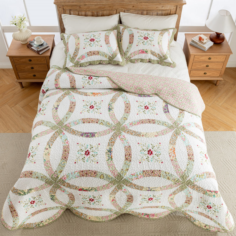 Handmade 100% Cotton Double Wedding Ring Real Patchwork Quilt Set, Embroidered - Reversible - Pre-Washed