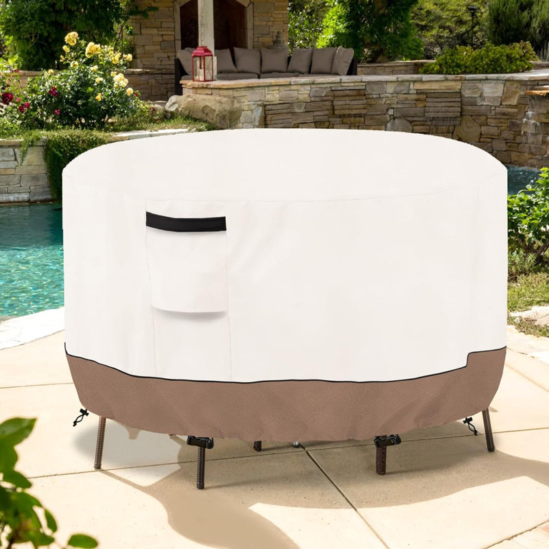 Housse de table ronde d'extérieur robuste et imperméable pour ensembles de table et chaises de patio, Crème