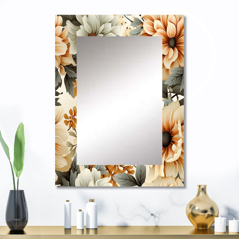 Lollis Neutral Tones Essence Buttercup Floral Pattern - Floral Large Wall Mirror, Floral Decorative Mirror, Printed Metal Art